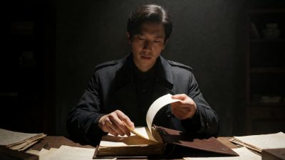 溏心视频新上线悬疑推理短剧封面,昏暗灯光下侦探翻阅案件档案,氛围紧张压抑